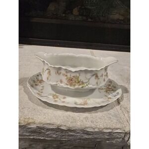 Vintage Schumann Bavaria Floral Gravy Boat With Attached Underplate